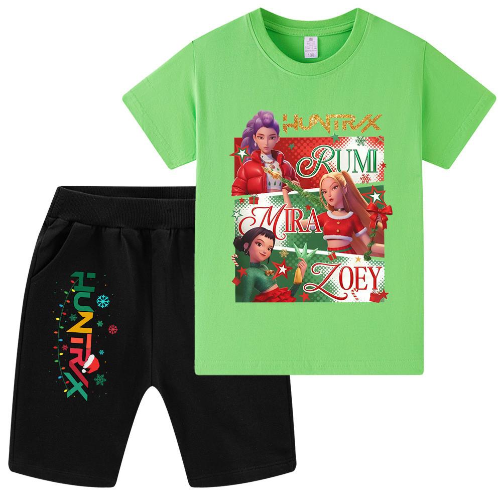 WA1264 Kids Boys Girls Kpop Rumi Zoey Mira Christmas Print Short Sleeves T-shirt Shorts Pants Sets