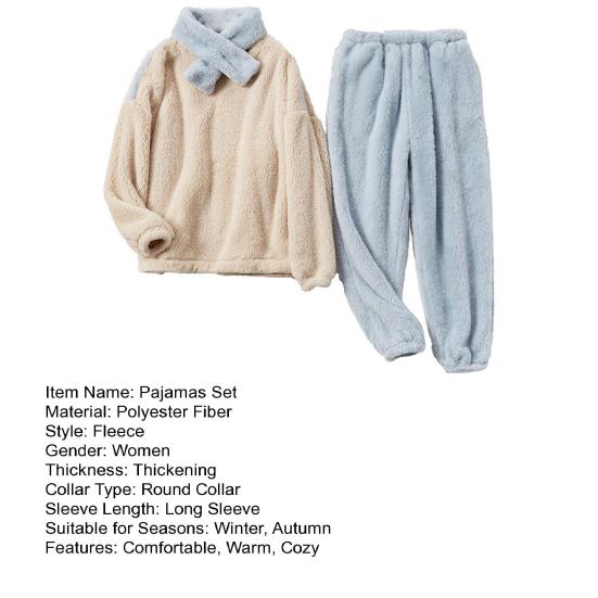 Fluffy Pajamas Set for Women Soft Fleece Pullover 2 Piece Pjs Loungewear with Scarf Winter Plush Warm Sleepwear Set