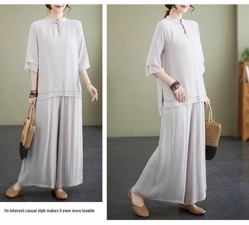 

Women s Summer 2023 Stand Collar Yoga Set: Solid Color Three-Quarter Sleeve Top & Pants Tea Set M серый
