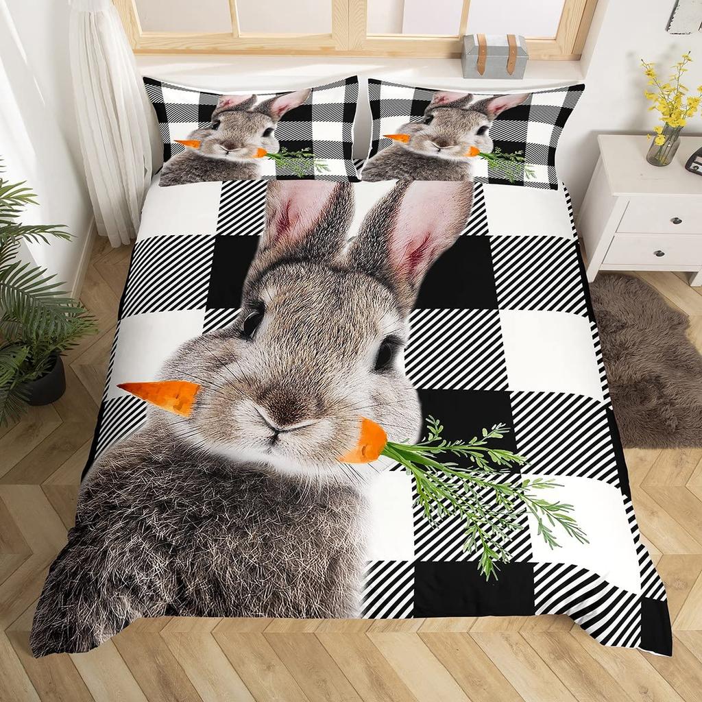 Pink Cherry Blossom Duvet Cover Happy Easter Theme Rabbit Ear Easter Eggs Bedding Set Polyester Butterfly Flower Comforter Cover