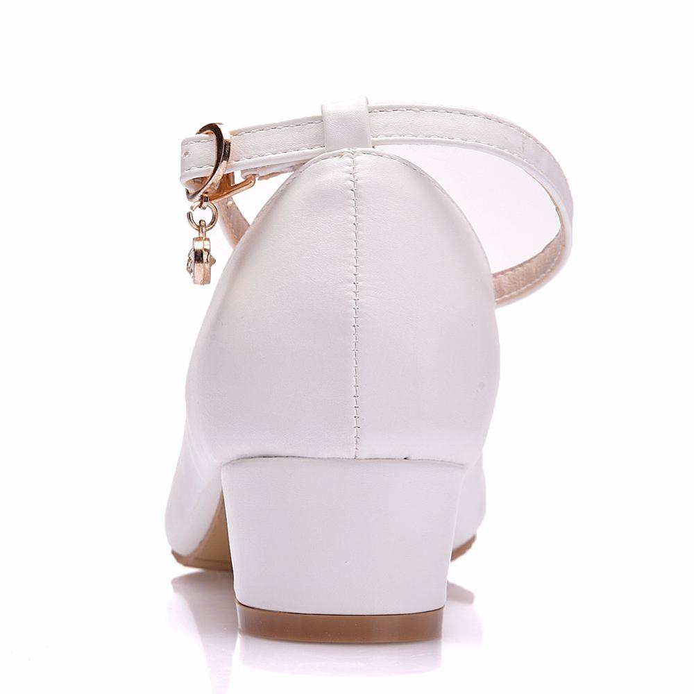 Bílé dámské boty Sexy nevěsta párty 3CM Špičaté lodičky Kulatá špička Mělký výstřih S přezkou Silné vysoké podpatky