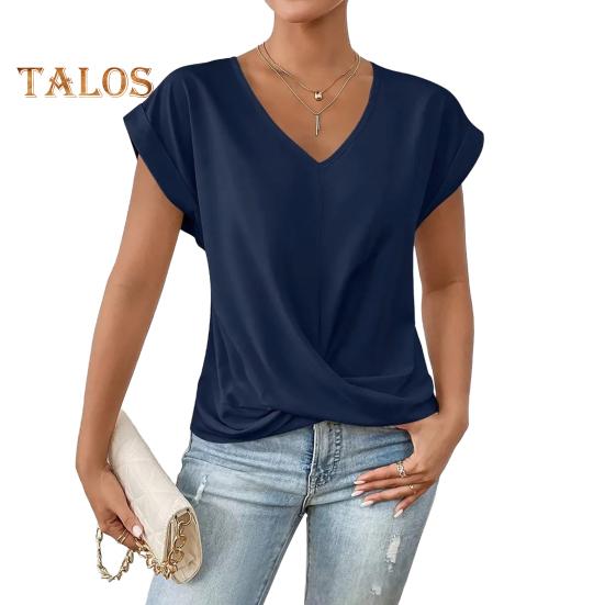 Dámské topy s výstřihem do V, s krátkým rukávem, s mačkaným designem, tričko jednobarevné, volného střihu, s křížovým plisováním, pro každodenní nošení