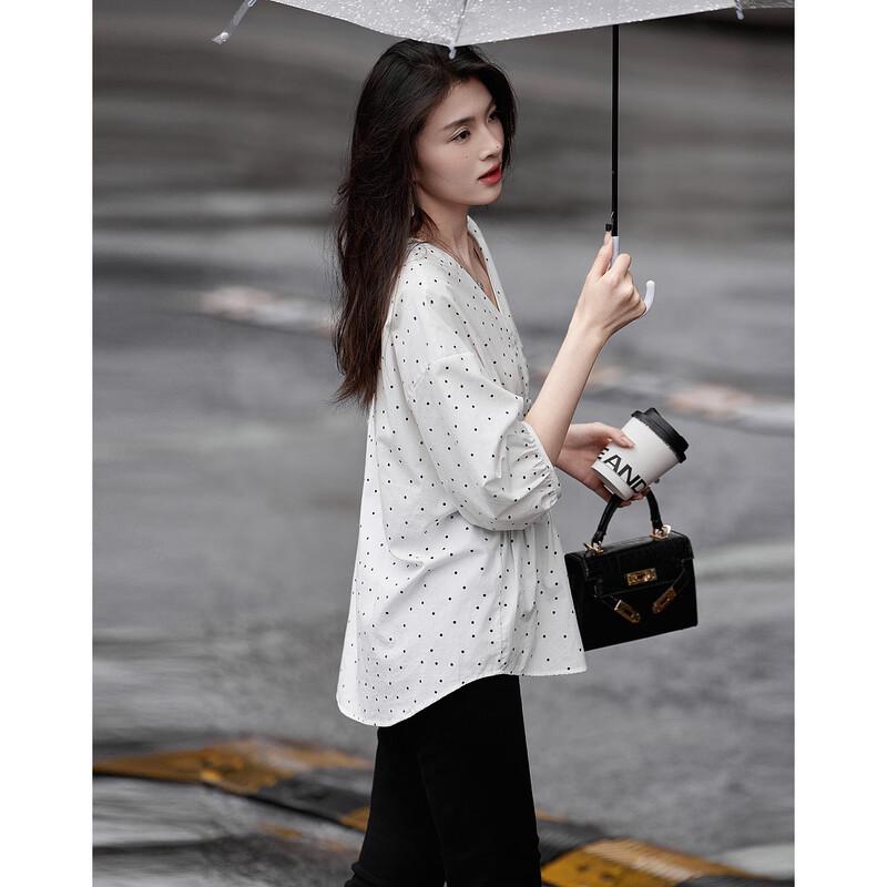 Women's French Style Polka Dot V-Neck Cotton Blouse