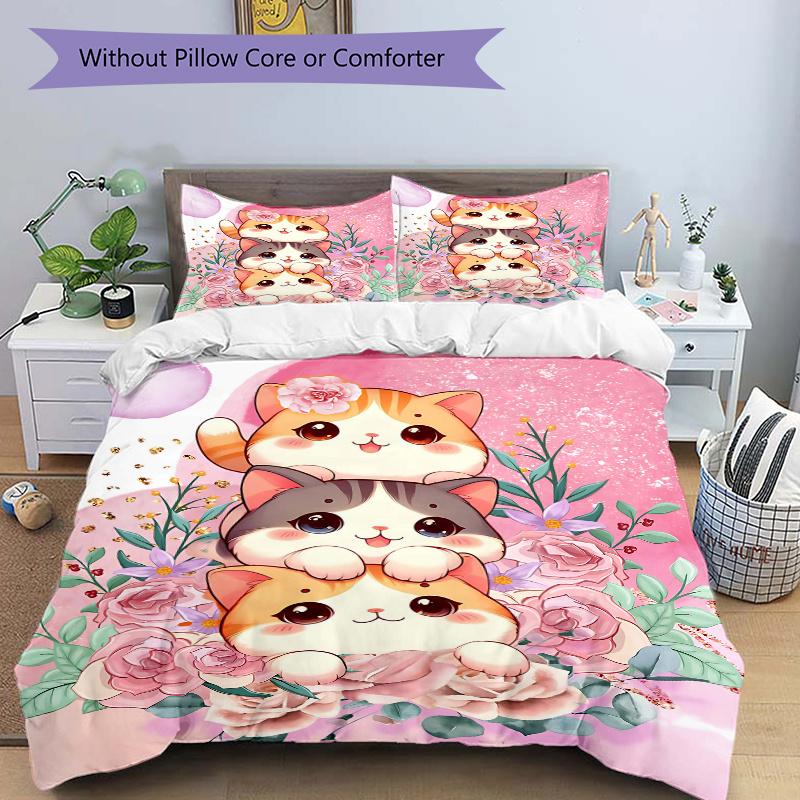 

3pcs Three Cute Cats Ideas Bedding Set - Includes 1 Quilt Cover and 2 Pillowcases, Comfortable Bedding with Stylish Design for Bedroom, Mach 135cm*200cm