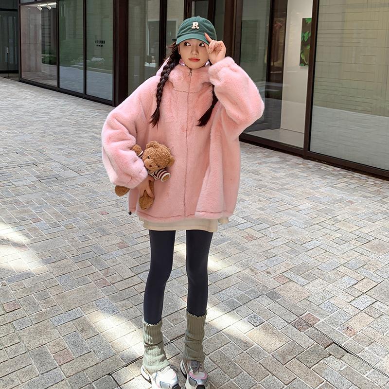 

Women s Pink Hooded Faux Lambswool Plush Coat - Double-Sided, Loose Fit, Thickened, Small Sizes, 2025 Autumn/Winter Collection. M