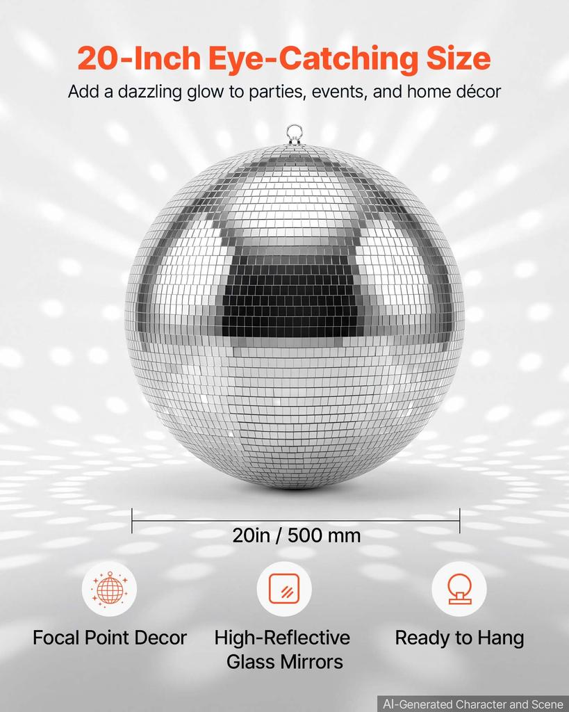 VEVOR Mirror Disco Ball 500 mm Silver Reflective Ball with Hanging Ring, for Party Home Decoration Stage Props DJ Dance Club, 2 Mirror Tile Sizes