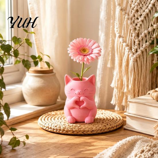 Gifts for Cat Lovers 3D Printed Vase, Cute Smiling with Heart?Hand Gesture Flower Holder, Desktop Decor Animal Shaped Decor, Small Planter