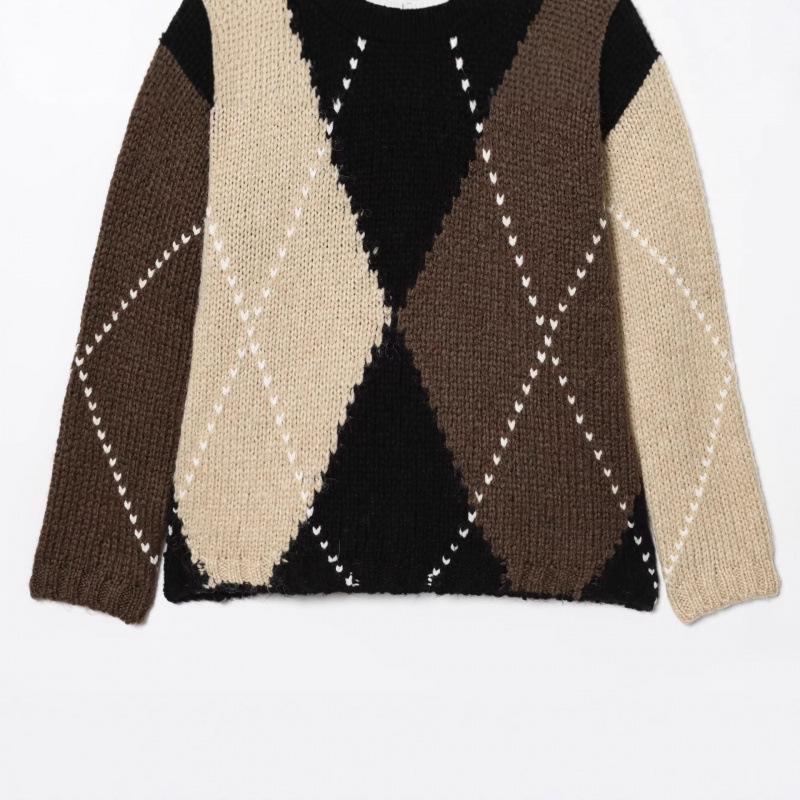 European Plaid Color Block Round Neck Sweater - Lazy Style