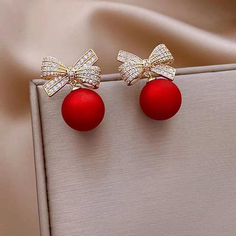 

New Fashion Korean Crystal Bow Drop Earrings White Red Round Imitation Pearl Dangle Earrings for Women Elegant Party Jewelry