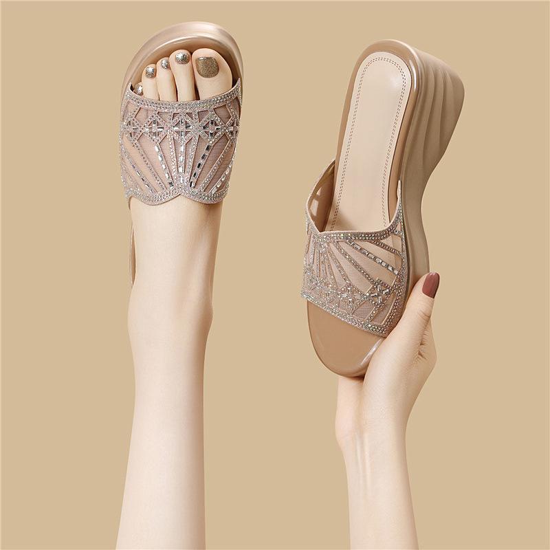 Spring and summer outer wear sandals women's fashion heightening thick-soled cm new women's shoes hollowed out one-pedal heel rhinestone slippers