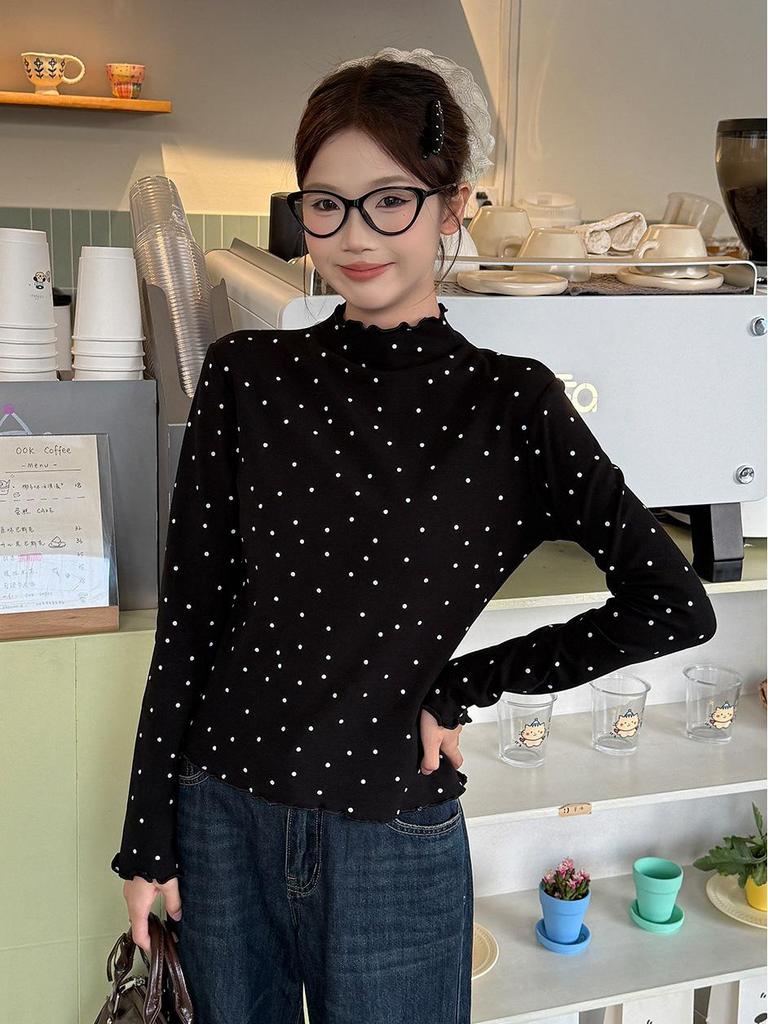 Miu Style Polka Dot Ruffle Long Sleeve Women's T-Shirt - Slim Fit, Half-High Neck, Perfect for Autumn/Winter.