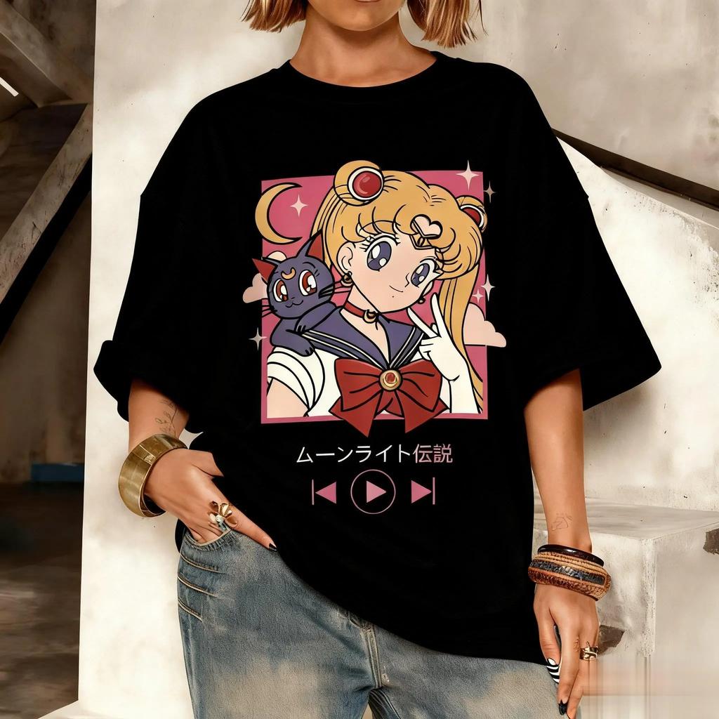 Sailor Moon Tsukino Usagi & Luna "Moonlight Densetsu" Music Player Oversized T-Shirt Girl Anime Streetwear Tee, 100% Cotton Casual Short Sleeve Top