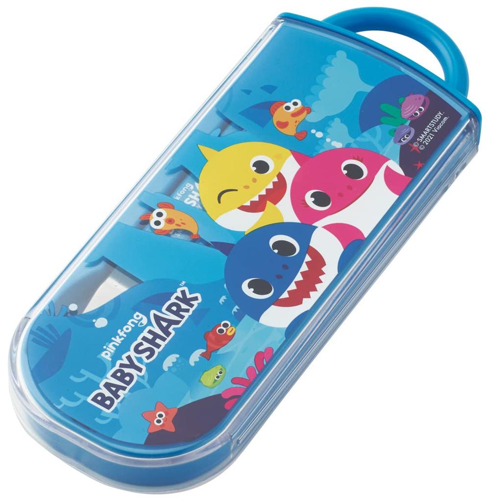 Skater Bento Trio and Antibacterial Made in Baby Shark TACC2AG Kids' Set, Chopsticks, Spoon, Fork, Cutlery, Easy-Opening Slide-Open Design, Japan,