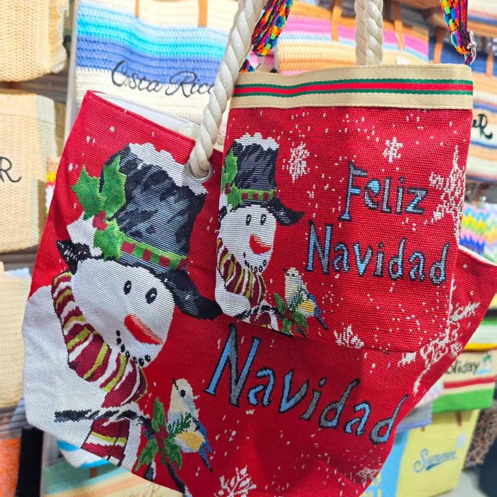 Women's Christmas Tote Set: Snowman & Santa Claus Embroidered Large Shoulder Bag with Makeup Pouch