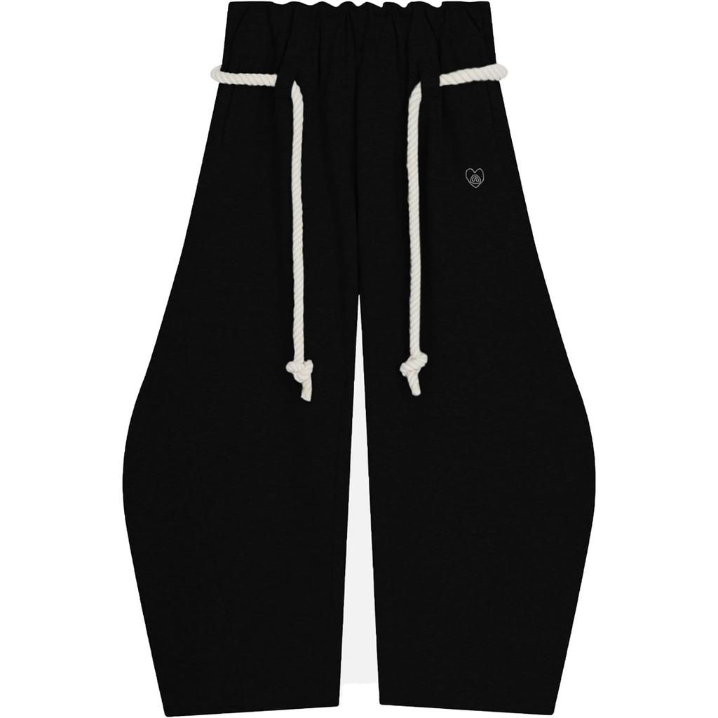 Women's Vintage Drawstring Sweatpants With Heart Embroidery Wide-Leg Curved-Hem Pants Loose-Fit Casual Sweatpants Long Pants