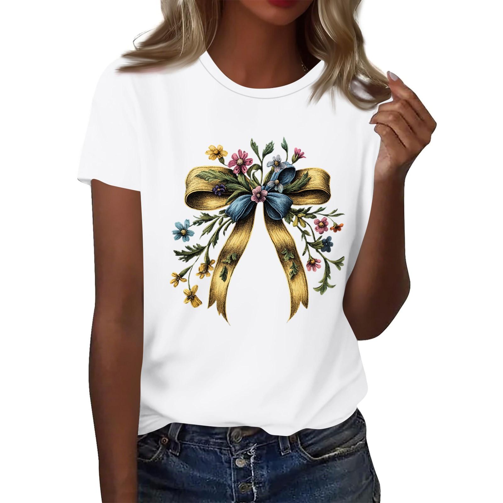 

Жіноча модна повсякденна футболка з принтом і круглим вирізом з короткими рукавами Топ Футболка Топ XL білий