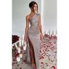 Split Satin Dress2025 Fashion Summer Elegant Sexy Silm Diagonal Shoulder Split Satin Dress