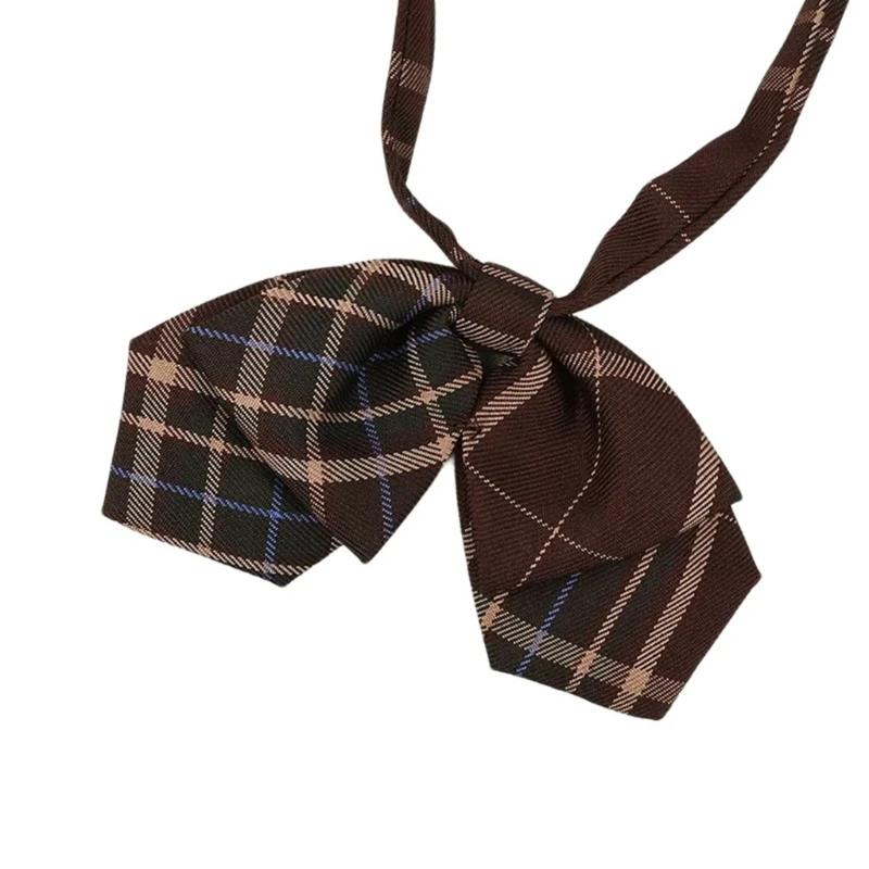 Polyester Silk Pre-Tied Neck Tie Vintage Brown Checkered Striped Necktie JK Girl School Student Uniform Bowknot Bowtie