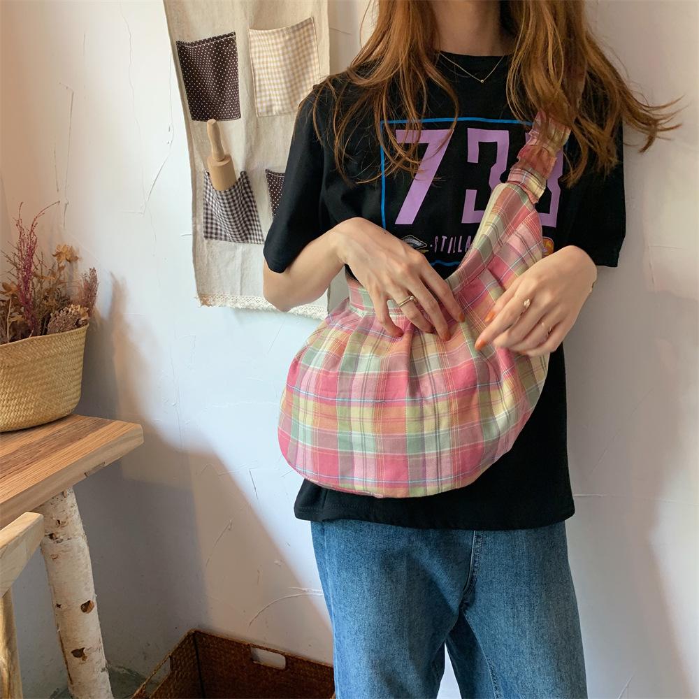 

Plaid Canvas Pleated Large Capacity Women s Handbag & Shoulder Bag