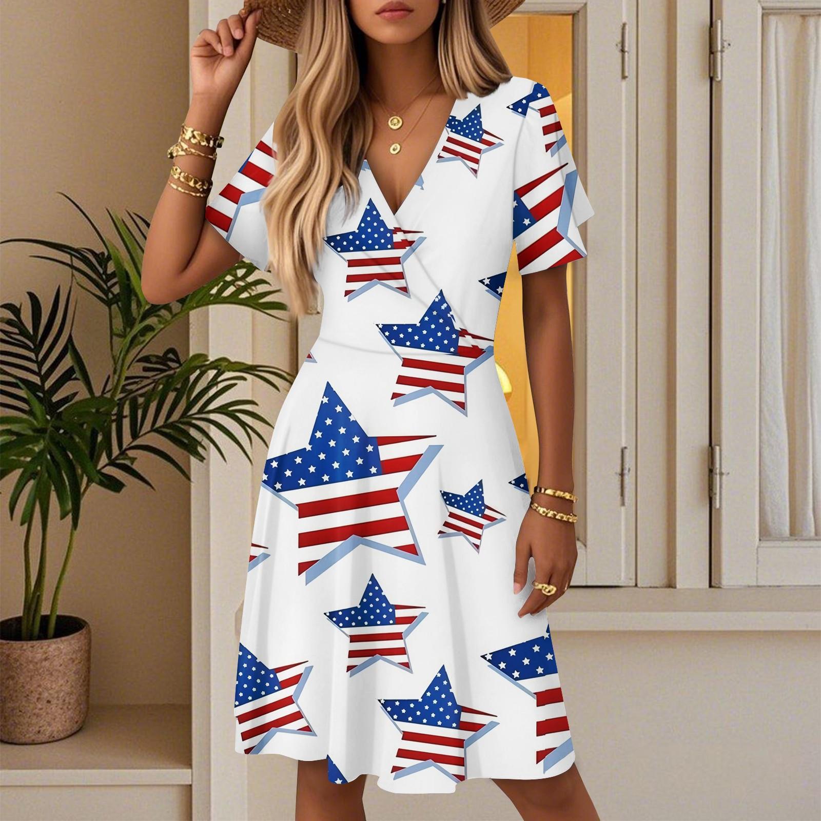 

Женское летнее модное платье с принтом ко Дню независимости, повседневное пляжное А-силуэта с V-образным вырезом, свободный сарафан XL белый