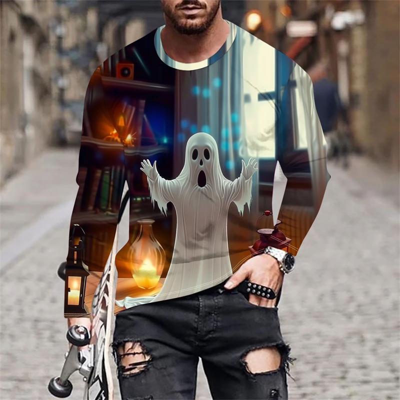 Autumn Round Neck Halloween Ghost and Pumpkin Pattern 3D Printed Top Fashionable Casual Long Sleeved Men's T-shirts