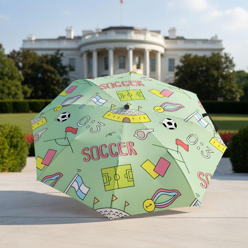 

Portable Folding Umbrella | Soccer-Themed Patterns with Field, Ball, and Whistle | 2 Layers Pongee, 8 Ribs, Automatic Open, Fa Iron&8K