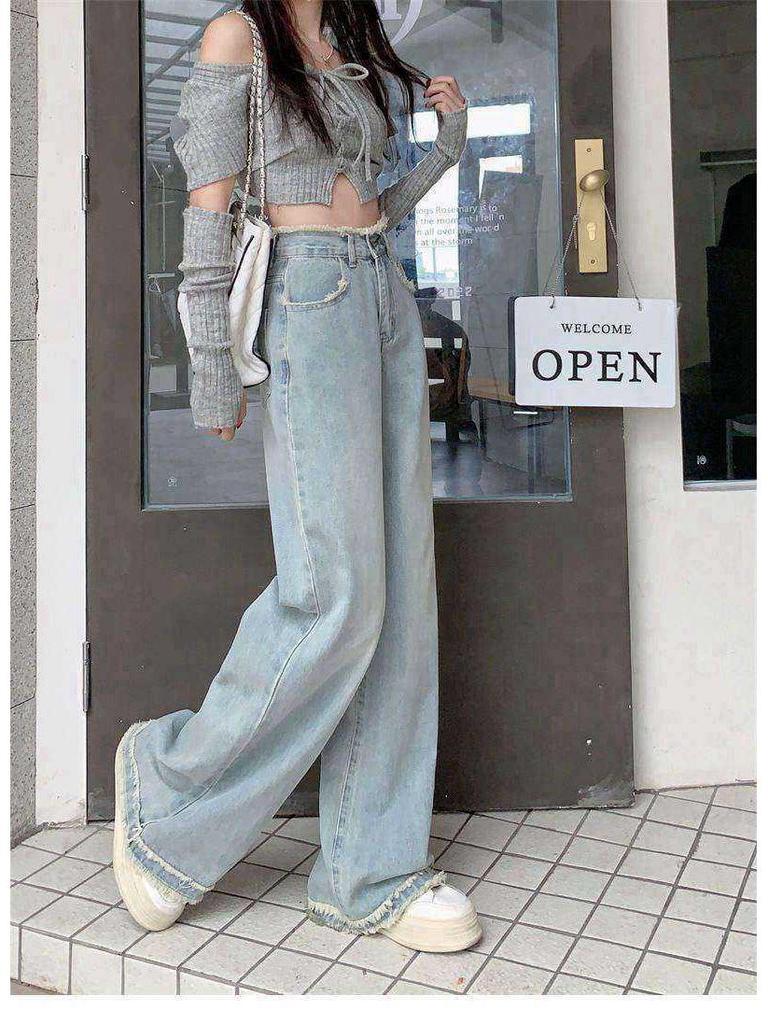 Women's Light Blue High-Waisted Wide-Leg Jeans - Petite, Loose, Slimming, Straight-Leg, Floor-Length (Spring/Autumn 2025 Style)