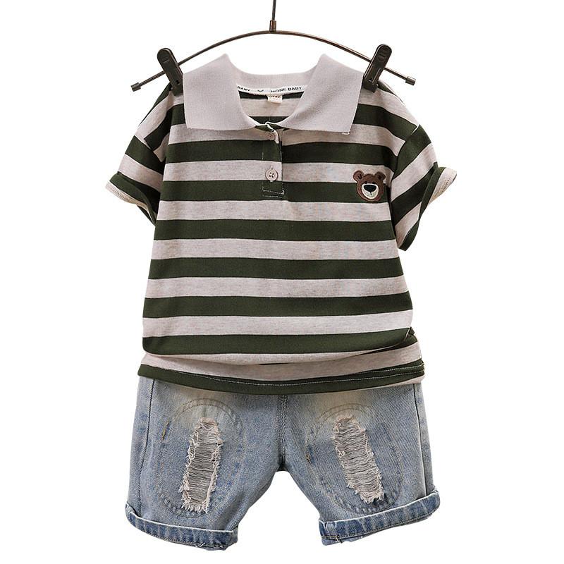Trendy Black Gray And Green Gray Children's Summer Polo Shirt Set For Boys Aged 3 To 8