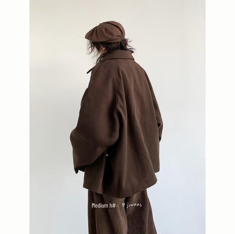 Unisex Retro Japanese Woolen Coat - Single-Breasted, Loose Fit, Raglan Sleeve