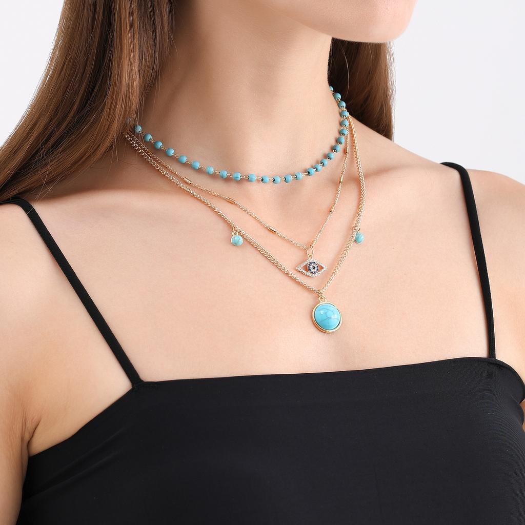 Retro ethnic style turquoise collarbone necklace, simple metal eyes stacked necklace