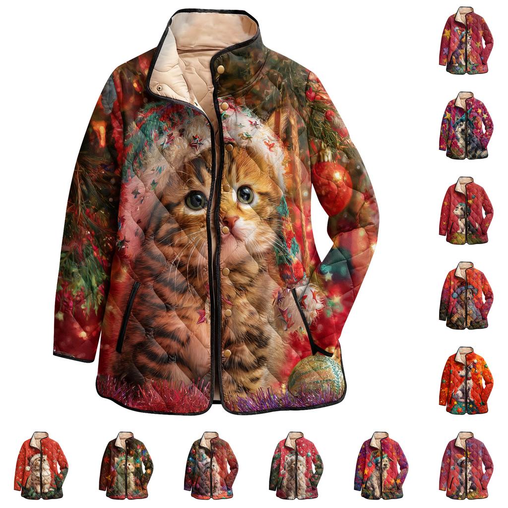 Dámský vánoční potisk s vysokým límcem polstrovaný bavlněný kabát s dlouhým rukávem a zapínáním na knoflíky