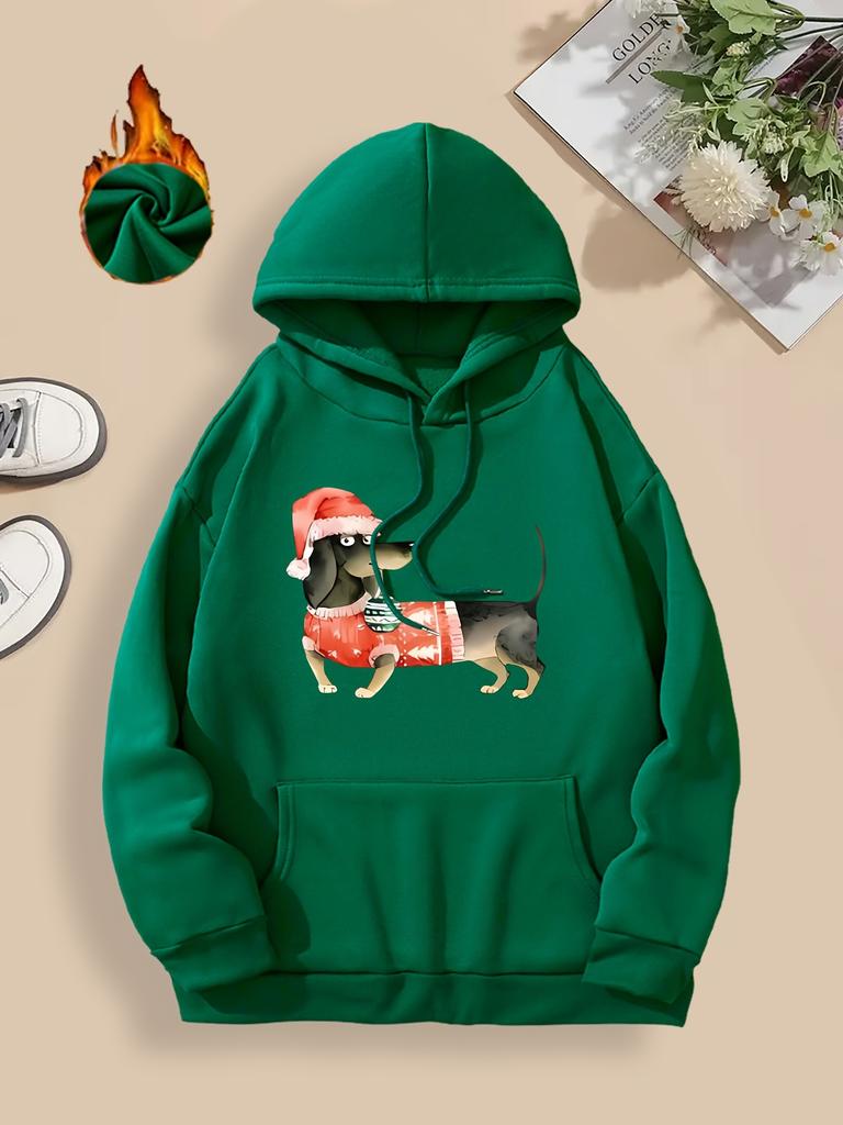 Christmas Dachshund Print Hoodie - Casual Plus Size Pullover with Pockets, Soft Stretch Polyester, Machine Washable
