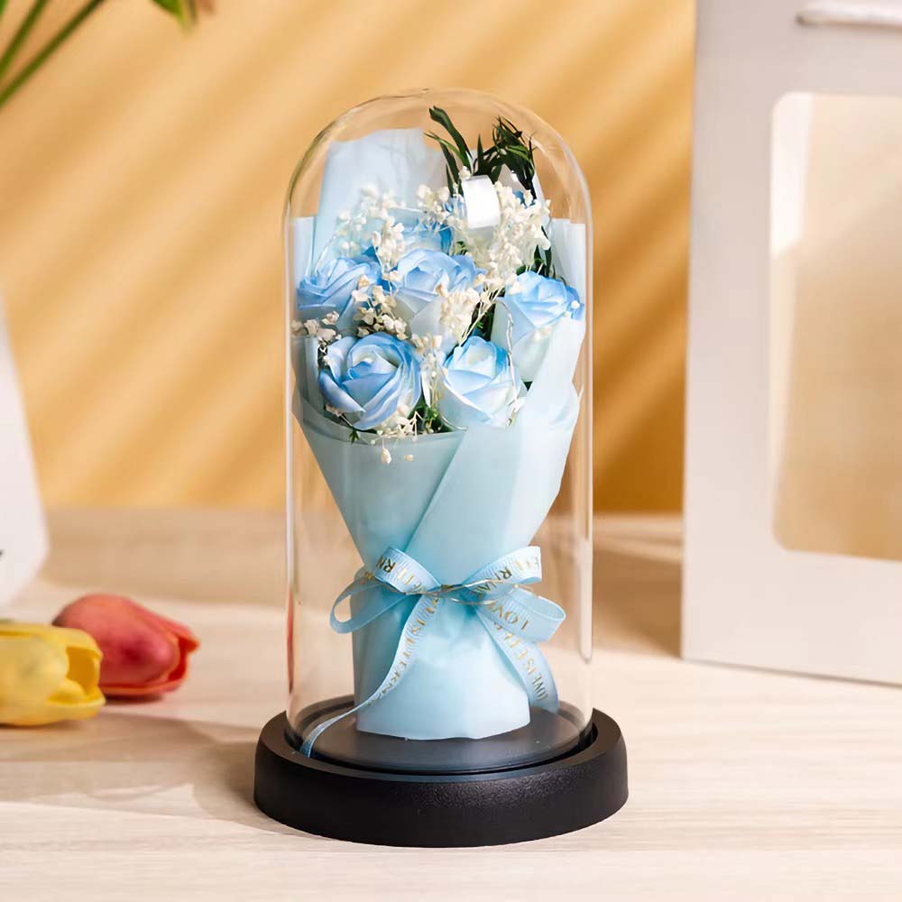 Real Touch Eternal Rose Dome with LED Lights Romantic Home Decor Preserved Flower Gift for Valentine Anniversary Wedding