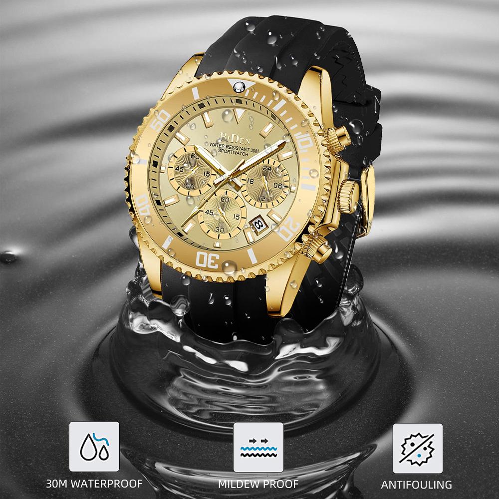 Sport Style Watch for Men Waterproof Chronograph Watch with Mineral Glass, Silicone Band Wristwatch