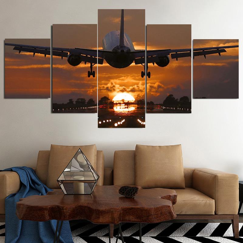 Modern 5 Pieces Airplane Poster Canvas Painting Landscape Sunset Backlight Lawn Wall Art Pictures for Living Room Decor No Frame
