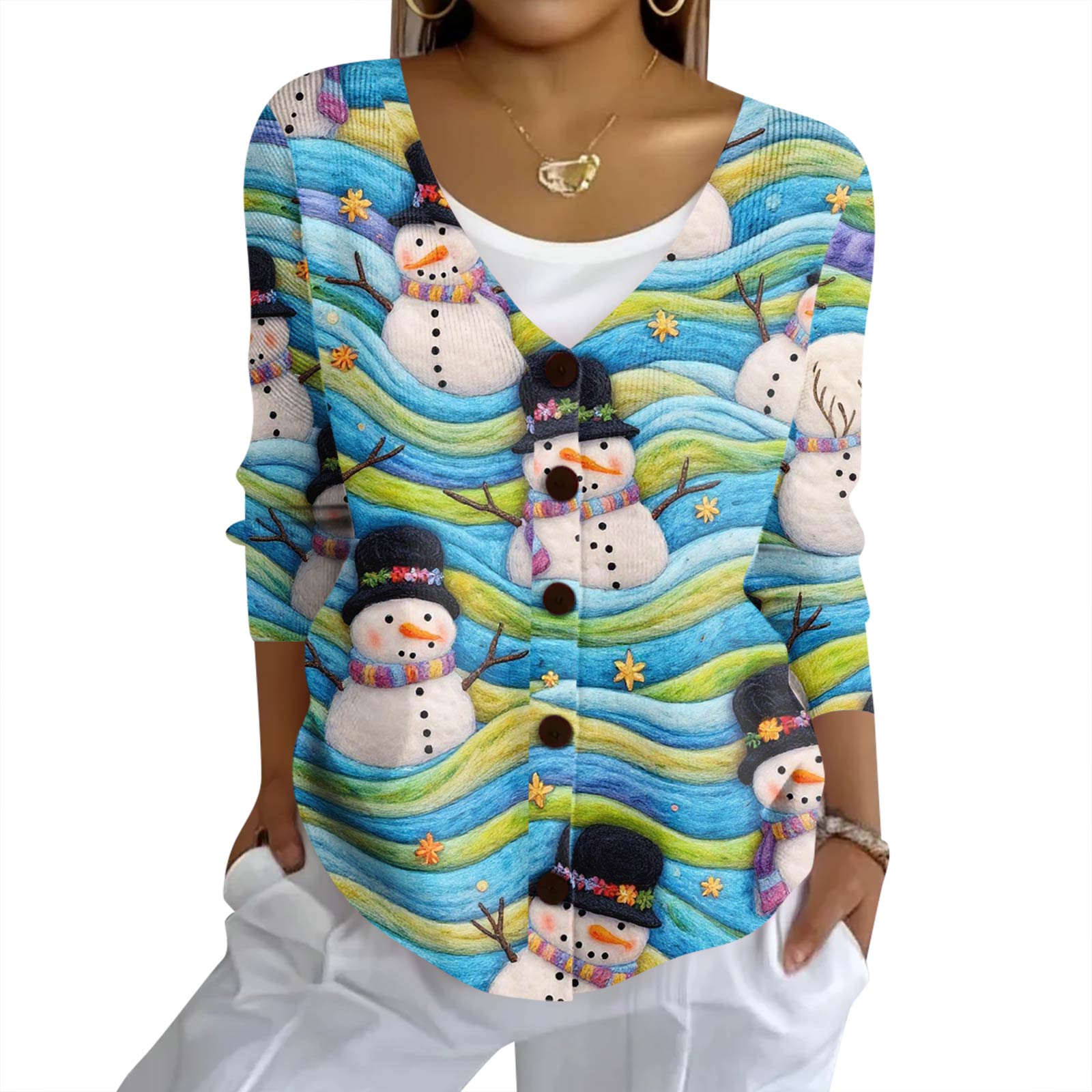 

Женский модный повседневный вязаный свитер на пуговицах, кардиган-жакет с рождественским принтом XXL