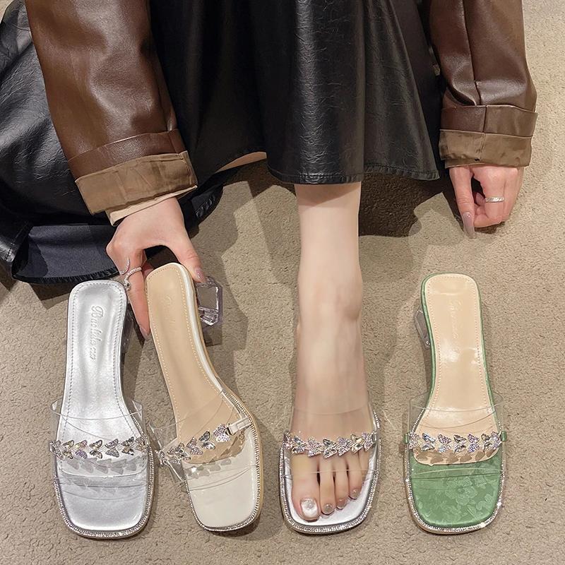 Průhledné sandály s rybími ústy, dámské vysoké podpatky, tenký podpatek, rhinester, víla, vítr, nové letní pantofle s vysokými podpatky