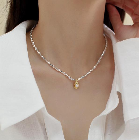 Neuer Stil Trendiger Natürlicher Süßwasserperlen Sterling Silber Damen Anhänger Halskette Damen Kurze Ketten Kein Verblassen