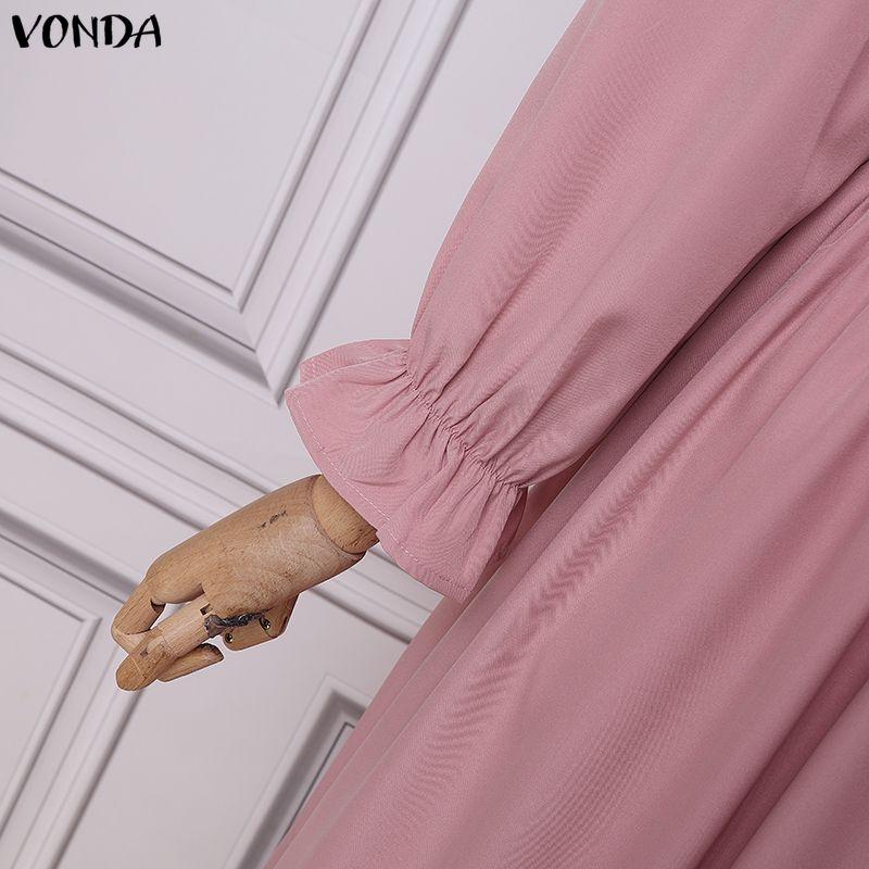 VONDA Elegante Abito Maxi da Donna con Scollo Quadrato, Maniche Lunghe, Allacciatura, Casual, da Festa, con Volant, Svasato