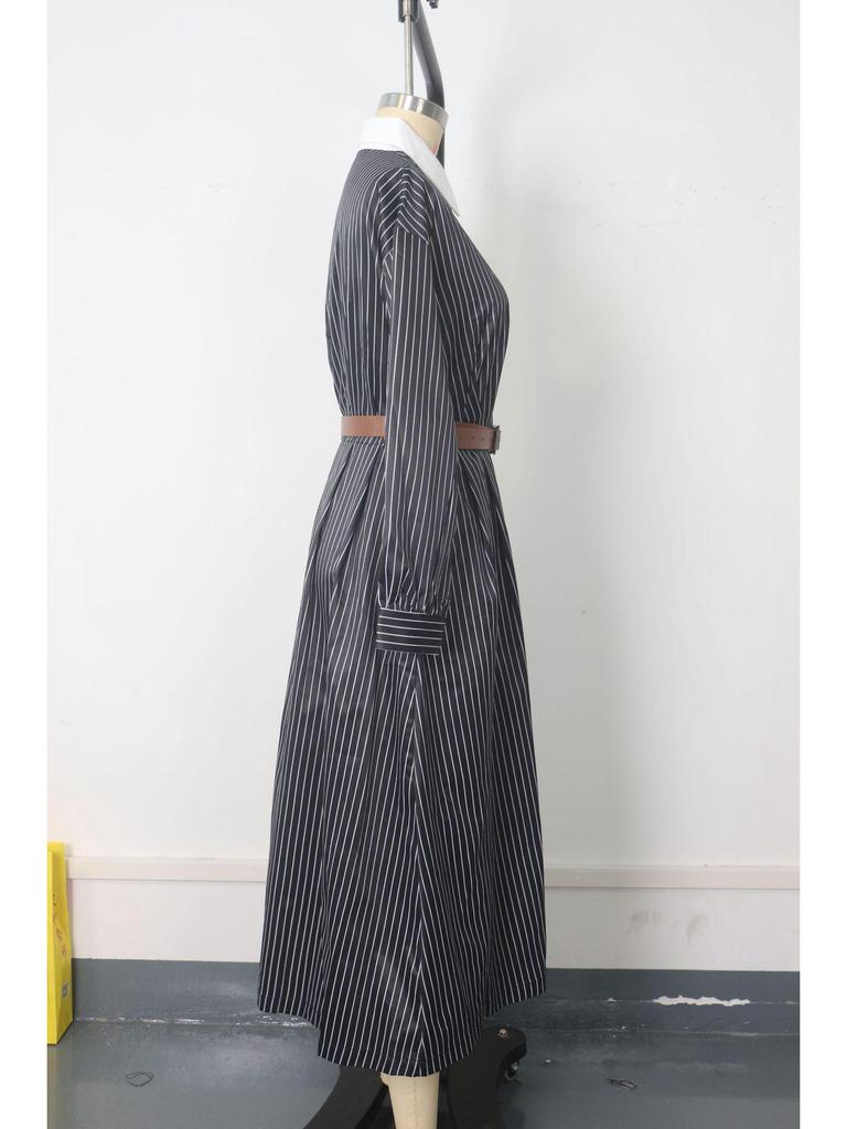 European & American Women's Retro Striped Shirt Dress, Autumn Collection - Loose Fit with Waist-Cinching, Color-Block, Shirt Collar Design