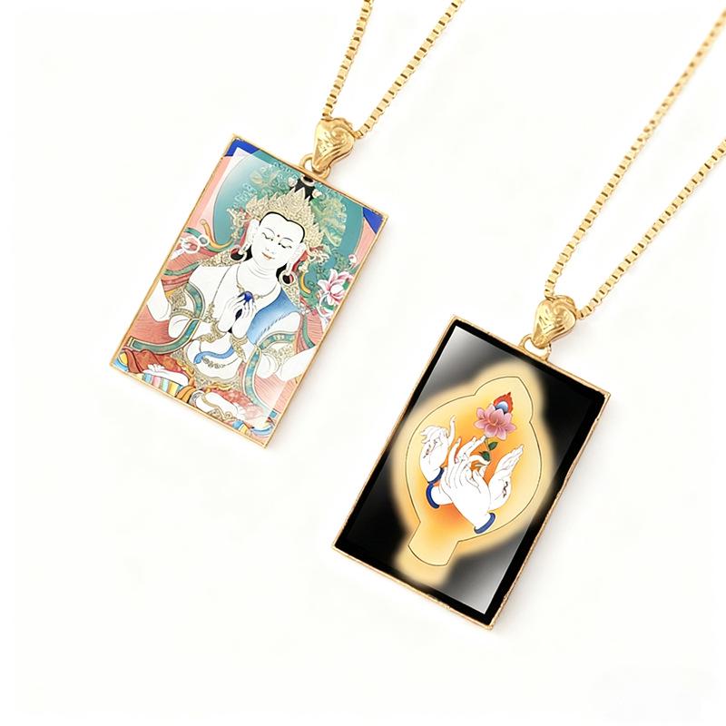 Double-sided Titanium Steel Pendant with Real Gold Plated Gau Box, Hand-painted Green Tara and Wealth Thangka.