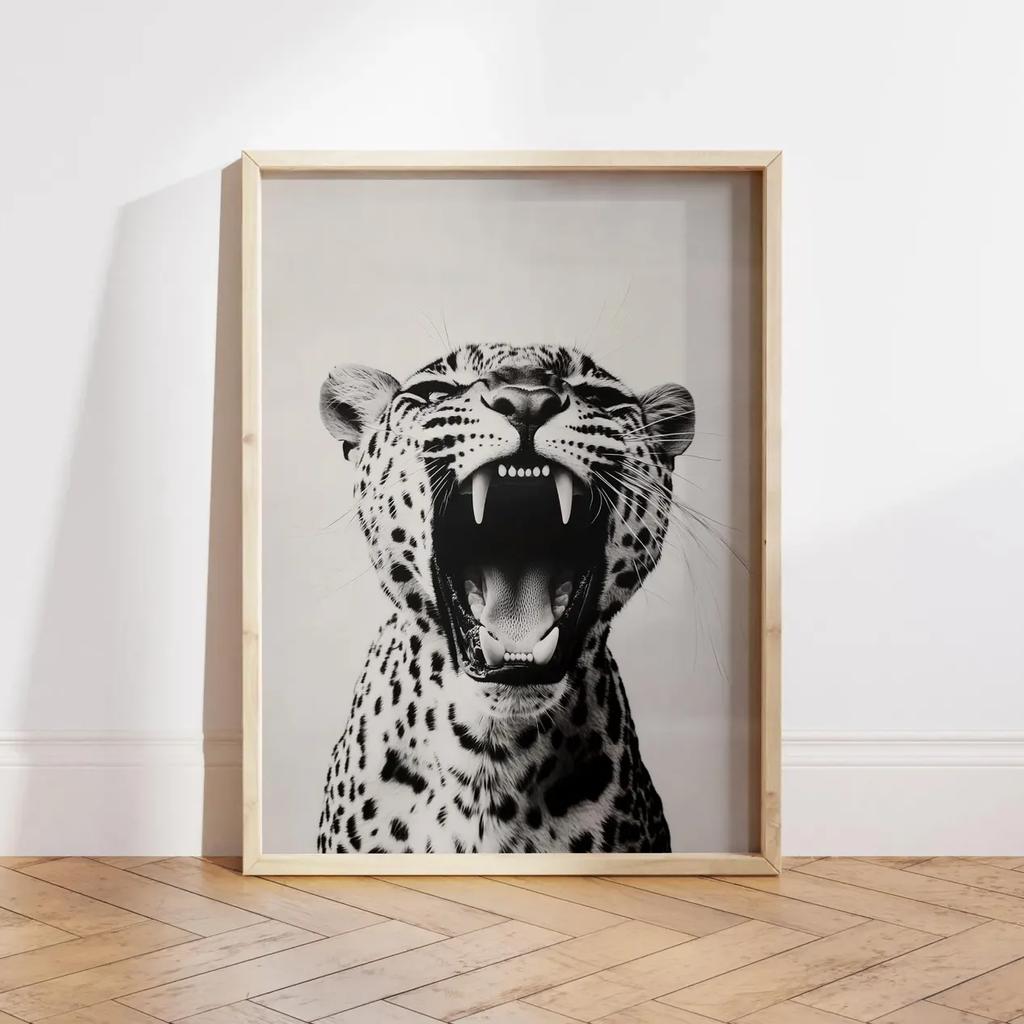 Trendy Leopard Roar Print Black and White Wall Art Pictures for Living Room Home Decor Unframed