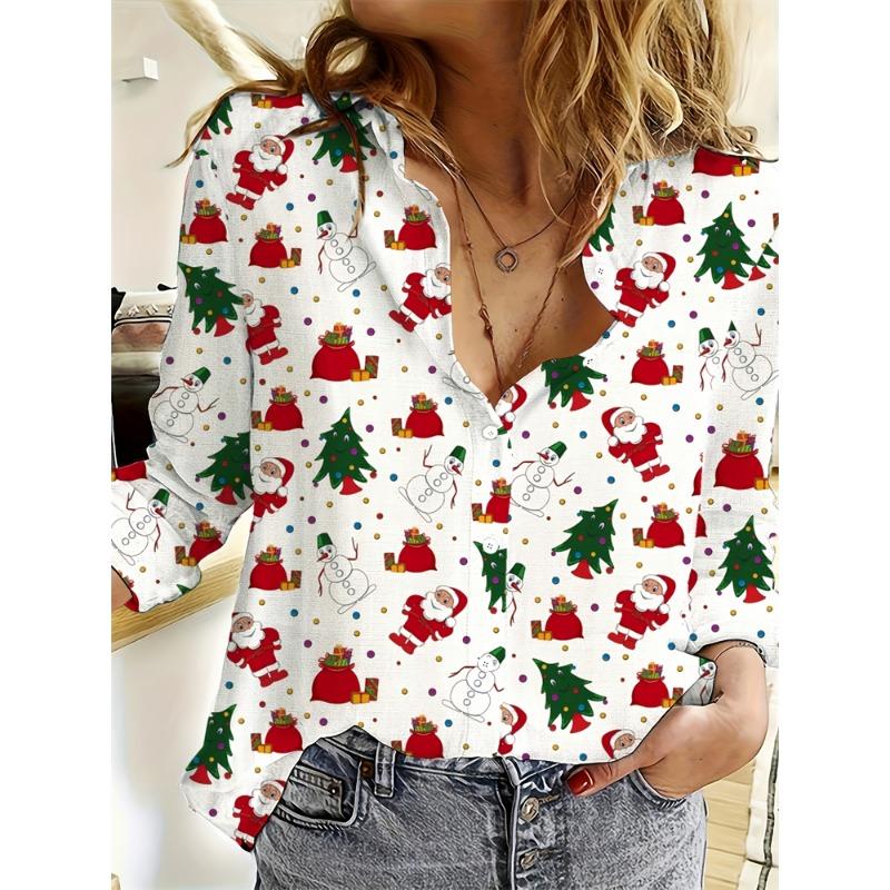 Christmas Women's Wear Casual Relaxed-Fit Button-Down Shirt Christmas Tree And Santa Claus Print Stylish Collared Shirt
