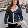 Women's Fleece Leather Jacket Thick Warm Flocked Leather Coat Turn-Down Collar PU Leather Jacket