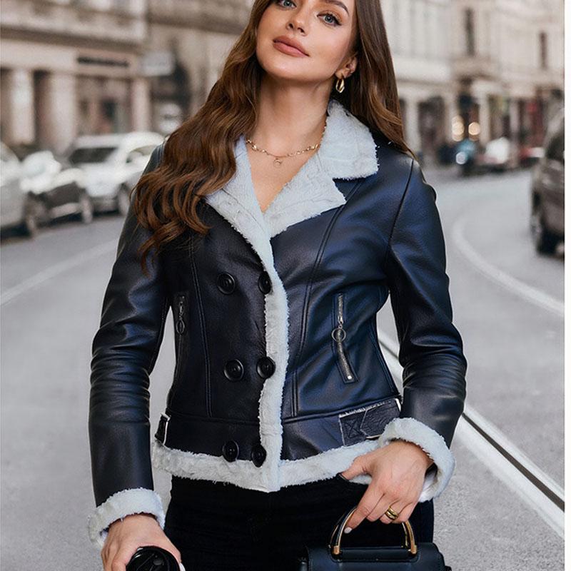 Women's Fleece Leather Jacket Thick Warm Flocked Leather Coat Turn-Down Collar PU Leather Jacket