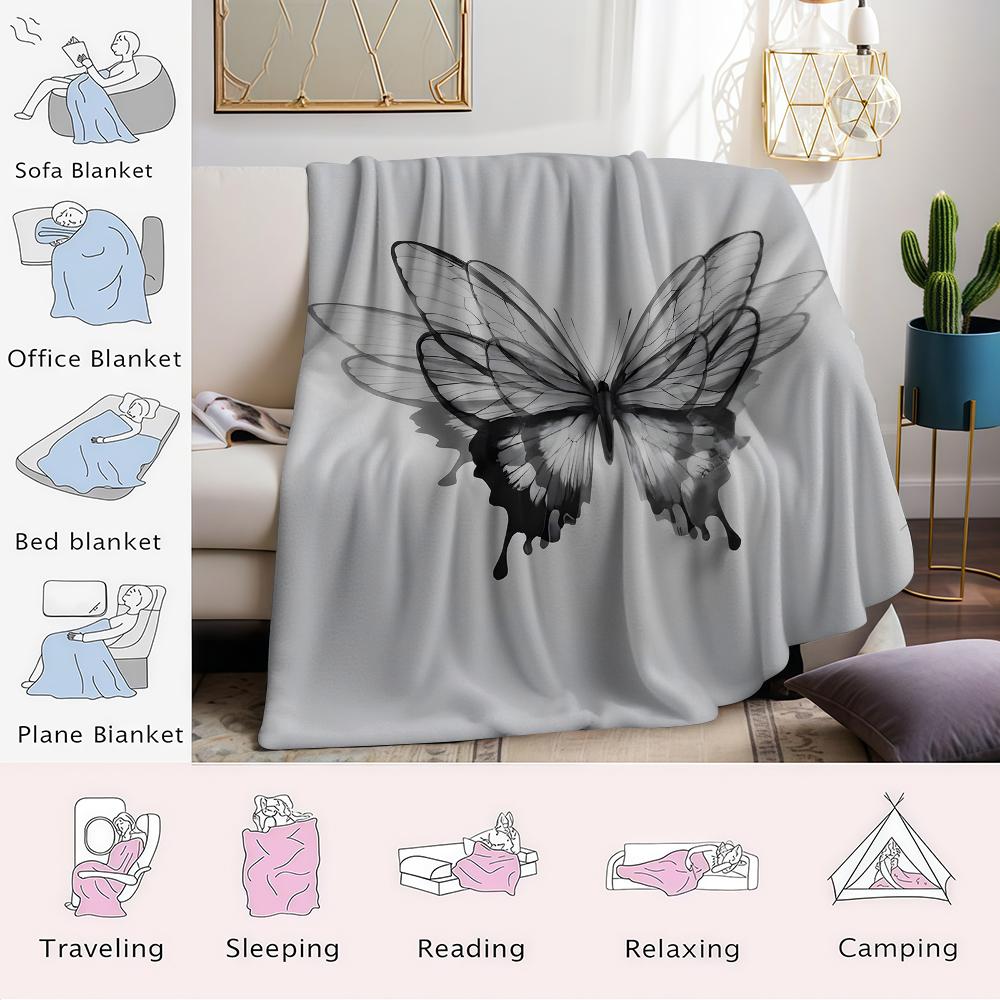 Ink Butterfly Drift Flannel Blanket Warm Soft Halloween Christmas Couch Warm Cozy Decorative Decor Gift for All Season
