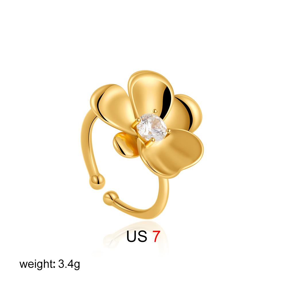 Delicate Flower Ring Open for Women Sparkle Rhinestone Floral Rings Stainless Steel Gold Color Petal Fashion Designer Zircon