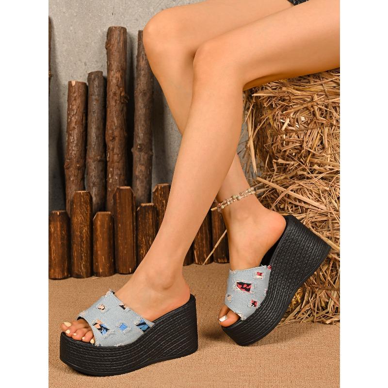 Plus Size 36-43 Casual Denim Strappy Sandals for Women 2025 Spring New Arrival Wedge Sandals