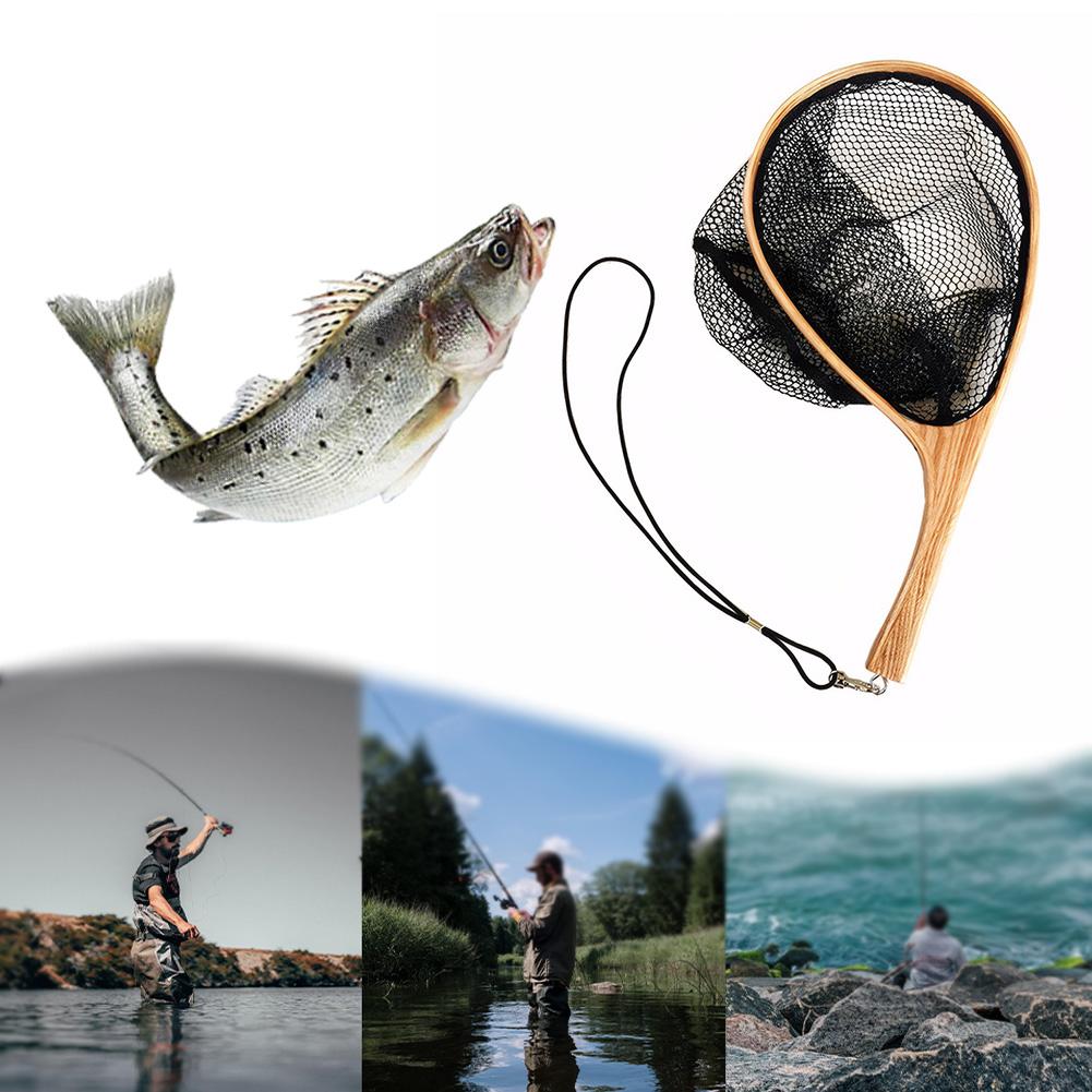 Wooden Handle Trout Net Soft Rubber Mesh Catch and Release Net Floating Fishing Net Outdoor Fishing Accessories
