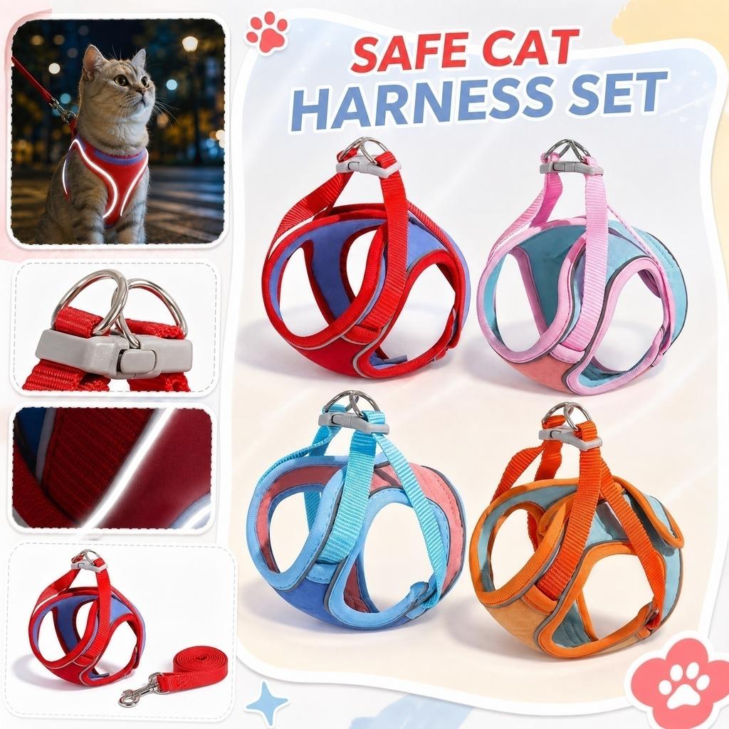 Cat Harness with Leash Adjustable Vest Style Double Layer Protection Reflective Strips Full Coverage Safety Strap 150cm Walking Rope for Cats